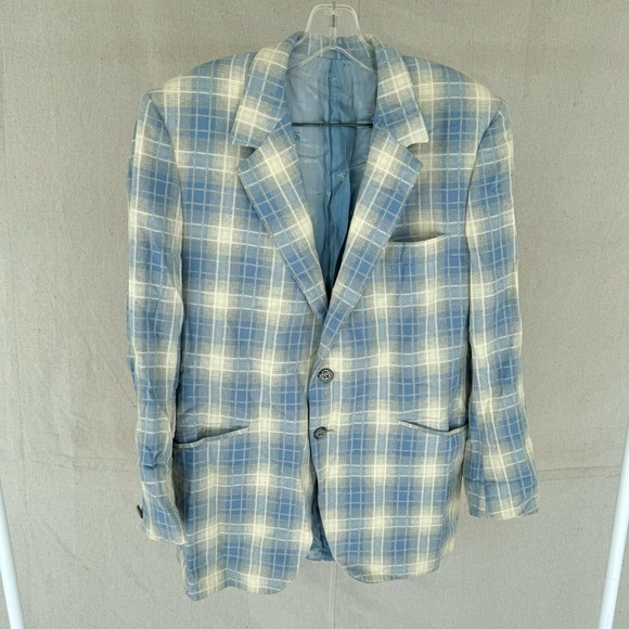 Vintage Louis Roth Blue/Ivory Plaid Print Men's Sport Coat Size 42